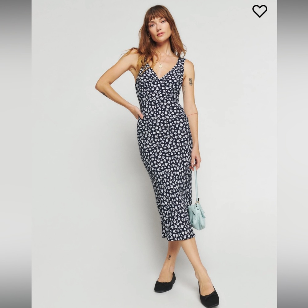 Reformation Navy and White Floral Midi Dress
